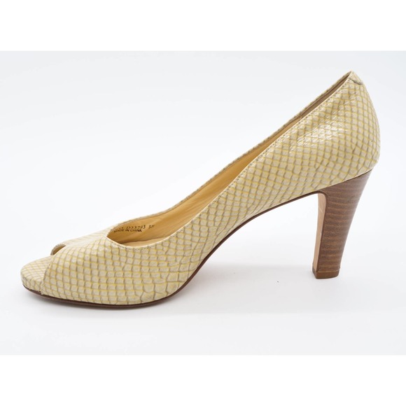 Cole Haan Heels Womens 8 Tan Snake Print Leather Peep Toe Stacked Heel Pumps - Picture 5 of 12